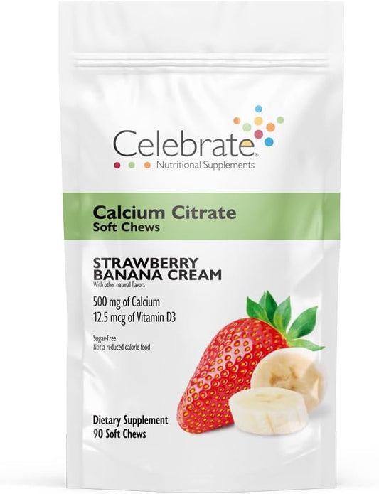 Celebrate Vitamins Bariatric 500mg Calcium Citrate Soft Chews with 500 IU Vitamin D3 – Essential for Gastric Bypass Patients & Bone Health - Sugar & Gluten Free, Strawberry Banana Cream (90 Chews)