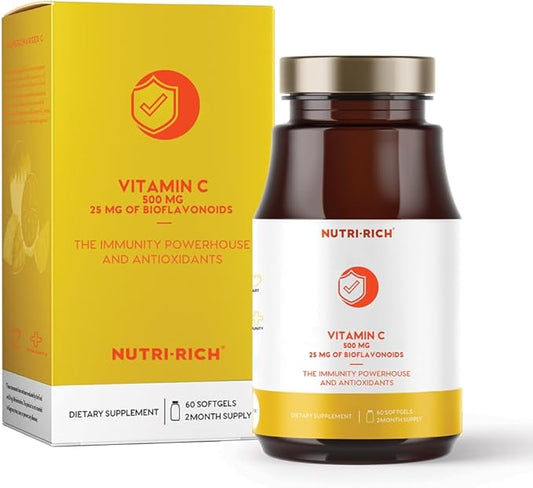 Nutri-Rich Vitamin C 500mg – Softgels with 25 Bioflavonoids – Antioxidant, Immune & Skin Health Support – Gluten-Free, Third-Party Quality Tested – 60 Count for Adults
