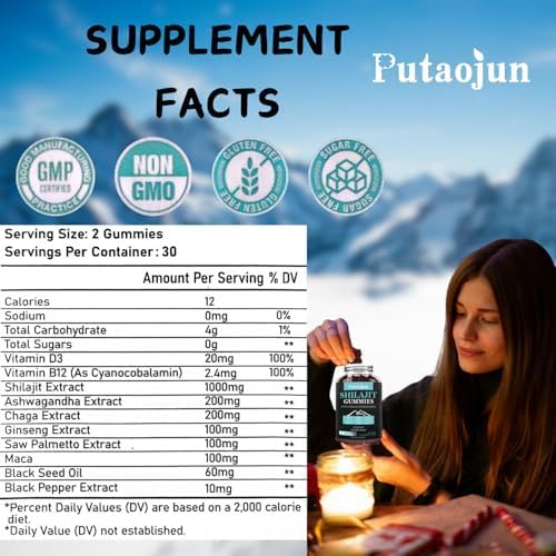 Shilajit for Man,Woman & Kid.Himalayan Gold Shilajit Gummies.1000mg Shilajit,200mg Ashwagandha,200mg Chaga,100mg Ginseng,100mg Saw Palmatto,60mg Black Seed Oil