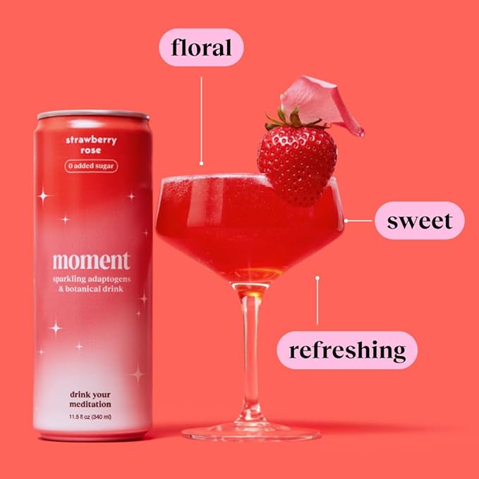 Moment Botanical Soda Soft Drink (Shark Tank) - SPARKLING Drinks | Strawberry Rose | L-Theanine & Ashwagandha for Calm & Clarity | 0 Added Sugar 0 Caffeine | 12-pack