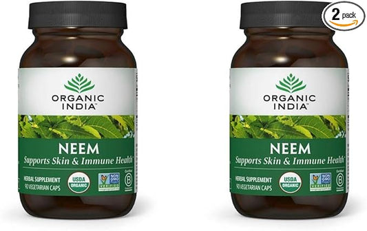 ORGANIC INDIA Neem Leaf Capsules, Herbal Supplement - Supports Skin, Immune, & Liver Health, Detox, Vegan, Gluten-Free, USDA Certified Organic - 90 Capsules (2-Pack)