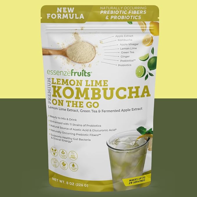 Essenzefruits Lemon Lime Ginger Kombucha Powder Tea Mix Beverage - Sugar Free, Fermented & Dried - Just Add Water! Live Probiotics & Prebiotic Blend, Vitamin C - Makes up to 30 Cups (8 Oz, 226g)
