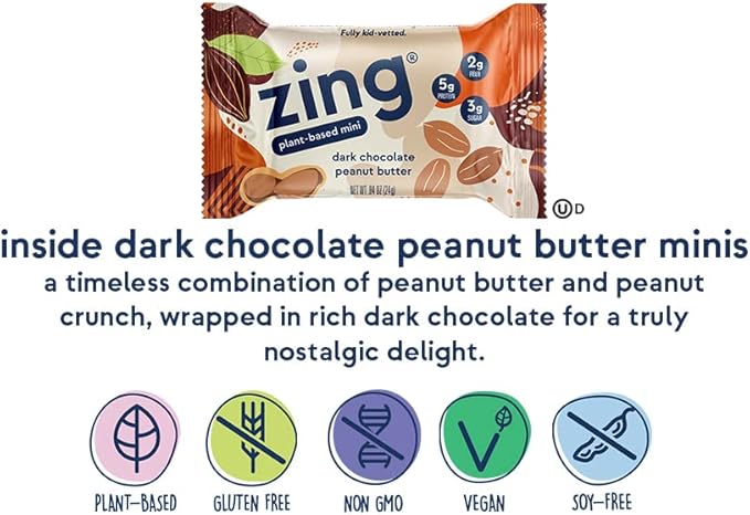 Zing Dark Chocolate Peanut Butter Kids Protein Bars, Gluten Free 100 Calorie Mini Bars with High Protein, Vegan Nutrition Bars, Dairy Free Plant Based Protein, Kosher, Low Sugar, No Sugar Alcohols - 18 count