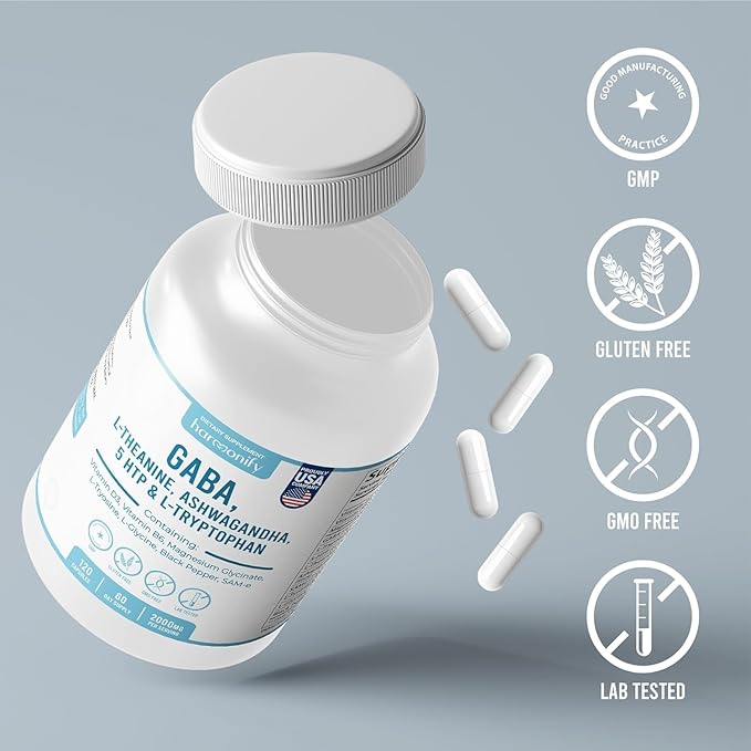 GABA L-Theanine Supplements with Magnesium Glycinate, Ashwagandha, Same, 5-HTP and L-Tryptophan, 12 in 1 Supplements, 120 Capsules, 2000 mg