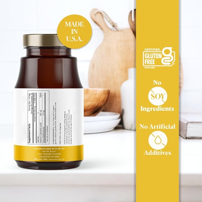 Nutri-Rich Vitamin C 500mg – Softgels with 25 Bioflavonoids – Antioxidant, Immune & Skin Health Support – Gluten-Free, Third-Party Quality Tested – 60 Count for Adults
