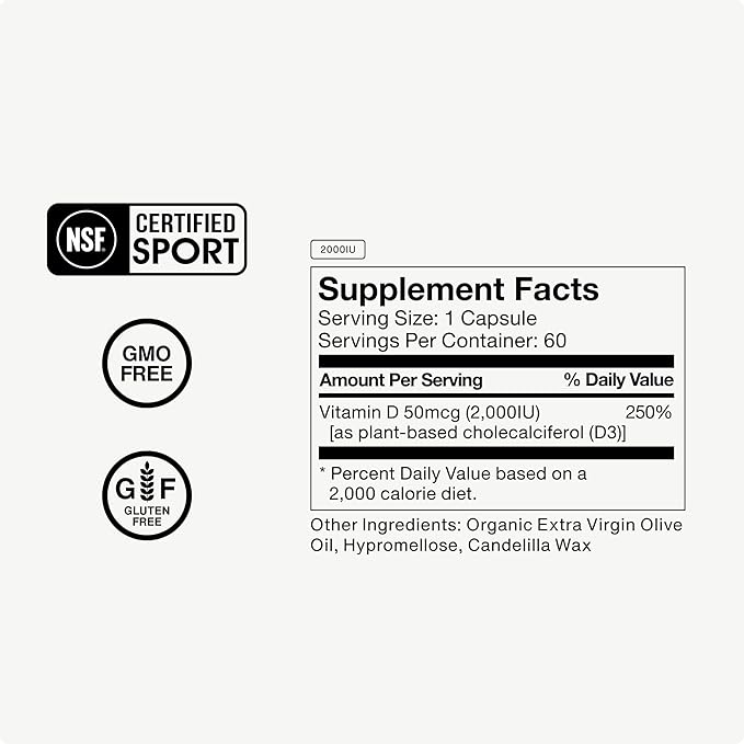Momentous Vitamin D3 Supplement - 2,000 IU Capsules for Foundational Health Support - NSF Certified for Sport - Gluten-Free - 60 Servings