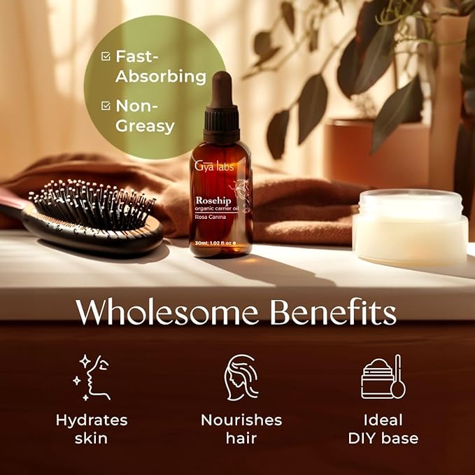 Gya Labs Organic Rosehip Oil for Face - 100% Pure Natural Vegan Rosehip Seed Carrier Oil for Skin, Hair & Body (1 Fl Oz)