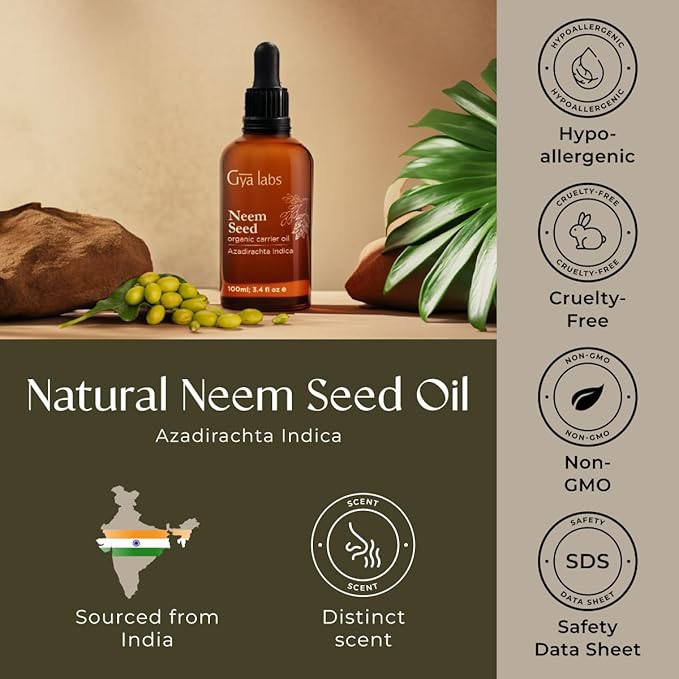 Gya Labs Organic Neem Oil for Skin - 100% Pure Natural Unrefined Neem Carrier Oil for Hair, Nails, Body Lotions, Spray & Shampoo - Soothing & Nourishing (3.4 Fl Oz)