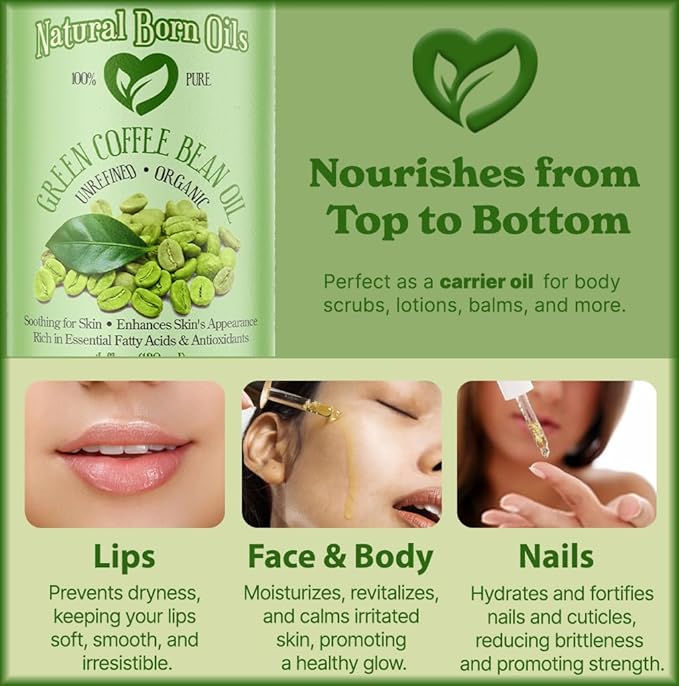 Natural Born Oils Green Coffee Bean Oil, 8oz, Organic, Cold-Pressed, Nutrient-Rich, Skin Elasticity Booster, Hair Nourisher