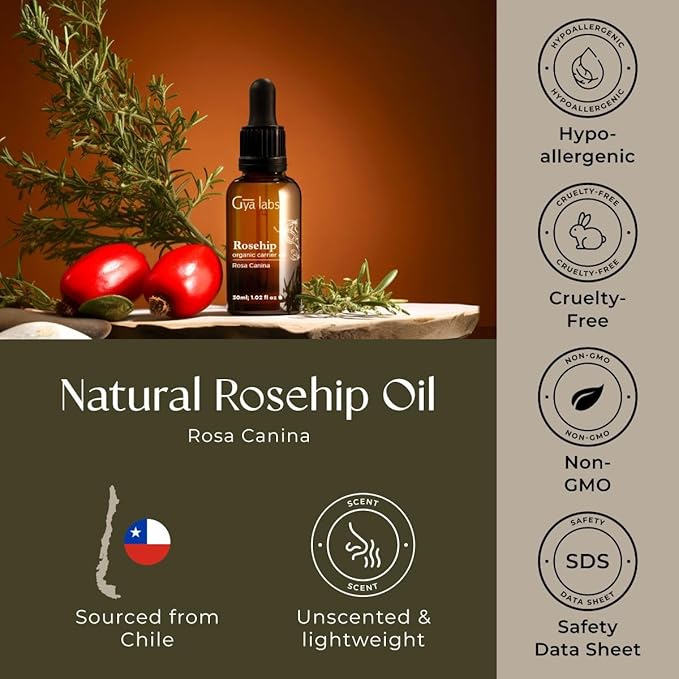 Gya Labs Organic Rosehip Oil for Face - 100% Pure Natural Vegan Rosehip Seed Carrier Oil for Skin, Hair & Body (1 Fl Oz)