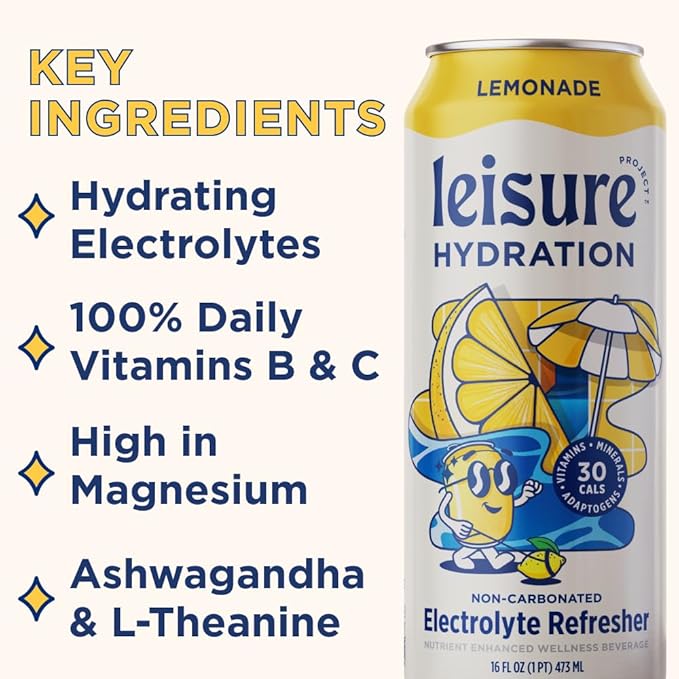 Leisure Hydration Non-Carbonated Electrolyte Refresher, Lemonade Flavor - Low Sugar Nutrient Enhanced Water Beverage - Get The Best Hydration Packed w/ Magnesium & Ashwagandha For Mood & Stress Support, Non-GMO, 16 oz (12-Cans)