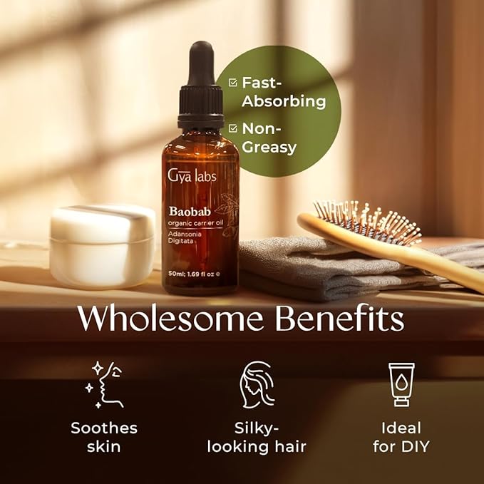 Gya Labs Organic Baobab Oil for Hair, Skin & Face - 100% Pure Natural Baobab Seed Carrier Oil - Comforting & Nourishing (1.69 Fl Oz)