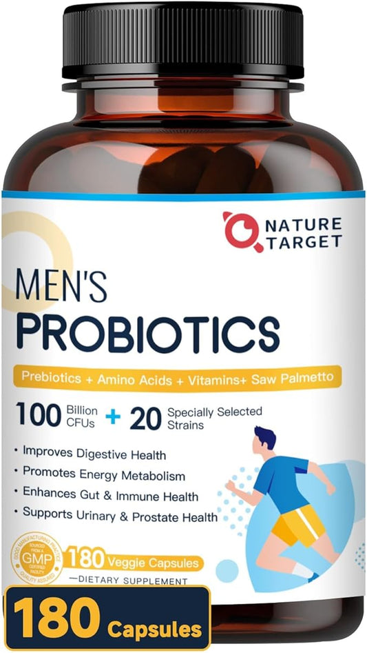 NATURE TARGET Probiotics for Men, 100 Billion CFUs Probiotics for Digestive Health with Enzymes & Prebiotics, 180 Veg Capsules, Mens Probiotic for Gut & Bloating, with Saw Palmetto for Prostate Health