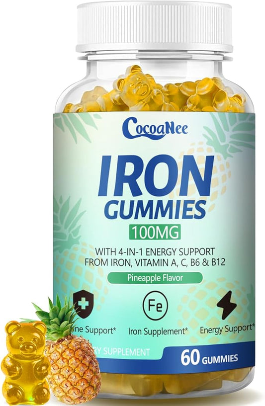 1 Pack 100MG Iron Supplements Gummies for Women & Men - Vitamin C, A, B12 - Complex, Improve Absorption, Energy Boost, Iron Deficiency, Anemia for Adults & Kids - Complex Folate, Zinc, 60Cts