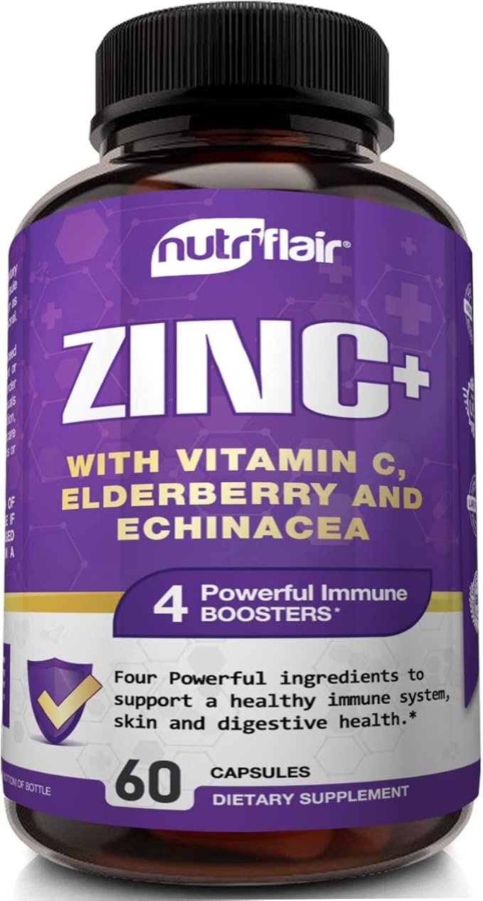 NutriFlair Zinc 50mg - with Vitamin C, Elderberry, Echinacea Purpurea Extract, Zinc Oxide - Compare with picolinate, Citrate, Oxide - Complete Immune Support Formula Pills with 4 Immune Defense