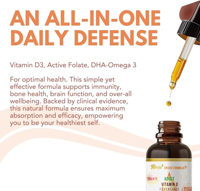 Adults Health Essentials Drops - Liquid DHA Omega 3, Natural Vitamin D3 1000 IU, Folate Supplement, Supports Heart, Brain, Eyes & Joint Health Supplement for The Whole Family