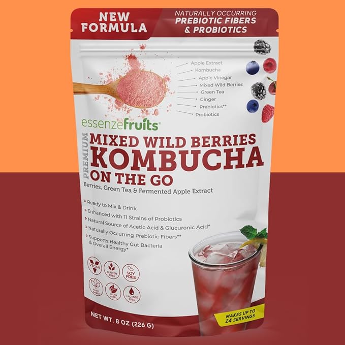 Essenzefruits Red Berries Kombucha Powder Tea Beverage – Sugar Free, Fermented & Dried - Just Add Water! Live Probiotics & Prebiotic Blend, Vitamin C - Makes up to 30 Cups (8 Oz)