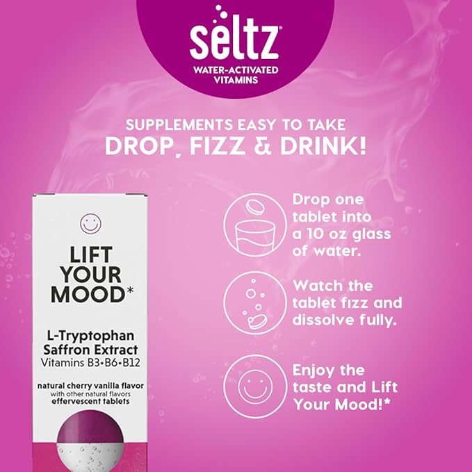Seltz Lift Your Mood and Soothe Today's Stress Vitamin Effervescent Drinks with L-Theaninine, L-Tryptophan, Saffron, Vitamin D3 and More!