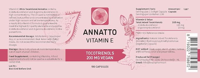 Annatto Tocotrienols Vegan Vitamin E Supplement, Tocopherol Free, Eannatto Capsules Without PAH's and contaminants - Improved from Deltagold - 200mg - Non-GMO & Antioxidant (180)
