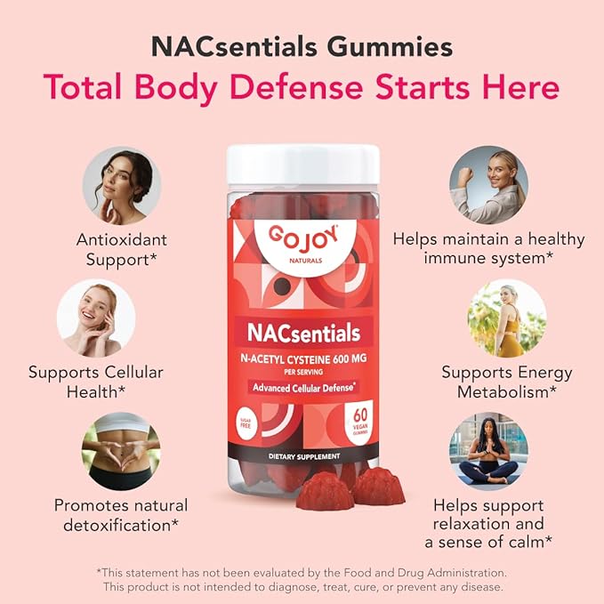 GOJOY 7-in-1 Sugar-Free NAC Gummies – NACsentials 600mg N-Acetyl Cysteine with Vitamin C, ALA, Quercetin & Astaxanthin – Antioxidant & Liver Detox Support – Vegan & Keto-Friendly – 60 Gummies