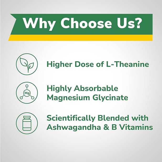 L-Theanine 200mg Supplement, Magnesium Glycinate, Ashwagandha, Inositol, Vitamin B1 B2 B6, No Gluten, Calm, Relaxation, Focus, Cognitive Function, 120 Vegan Caps