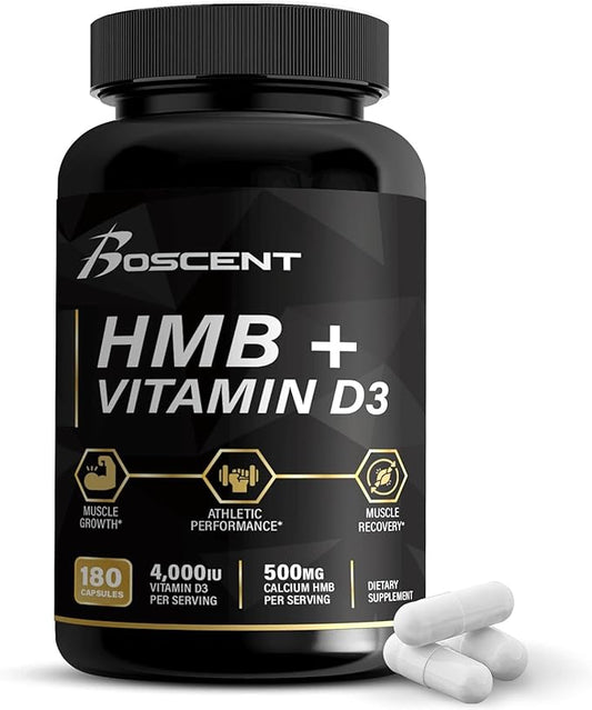 HMB and Vitamin D3 Supplement 1,000 MG (180 Capsules) - HMB Supplements with 4,000 UI of D3 & Calcium - Muscle Growth, Strength & Cure - B-Hydroxy B-Methylbutyrate Butyrate - Muscle Builder for Men