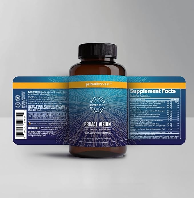 Primal Harvest Vision and Eye Support Complex with Lutein, Zeaxanthin Plus Vitamin E, Bilberry Extract, and Blueberry Extract for Overall Eye Health for Men and Women, 60 Capsules