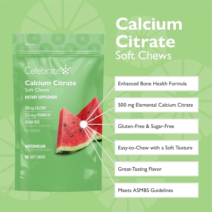 Celebrate Vitamins Bariatric 500mg Calcium Citrate Soft Chews with 500 IU Vitamin D3 – Essential for Gastric Bypass Patients & Bone Health - Sugar & Gluten Free, Melon (90 Chews)
