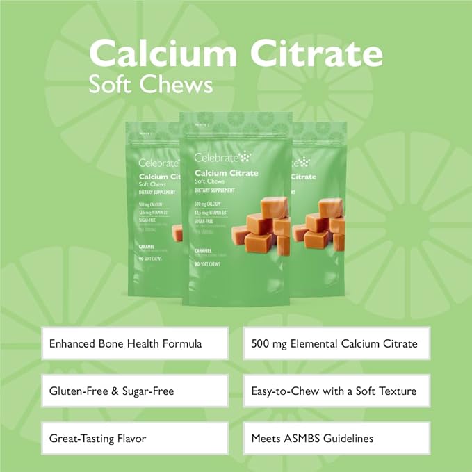 Celebrate Vitamins Bariatric 500mg Calcium Citrate Soft Chews with 500 IU Vitamin D3 – Essential for Gastric Bypass Patients & Bone Health - Sugar & Gluten Free, Caramel (270 Chews)