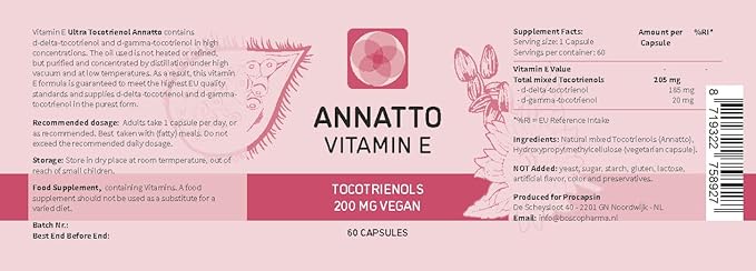 Annatto Tocotrienols Vegan Vitamin E Supplement, Tocopherol Free, Eannatto Capsules Without PAH's and contaminants - Improved from Deltagold - 200mg - Non-GMO & Antioxidant (60)