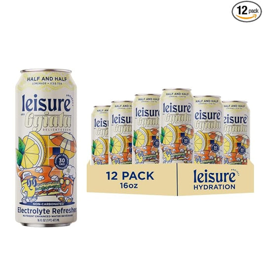 Leisure Hydration - Half and Half with Ggiata Delicatessen [Electrolyte Refresher - 16oz Cans, 12pk] - Half Lemonade Half Black Tea Hydration Drink, Packed w/ Magnesium & Ashwagandha For Mood & Stress Support