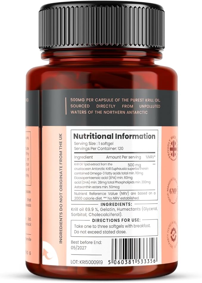 Ultra Pure Krill Oil 500mg x 240 Capsules (2 Bottles) - Sourced in The Unpolluted Waters of Antarctic Providing a Rich Supply of Astaxanthin, Omega 3, and Vitamin D