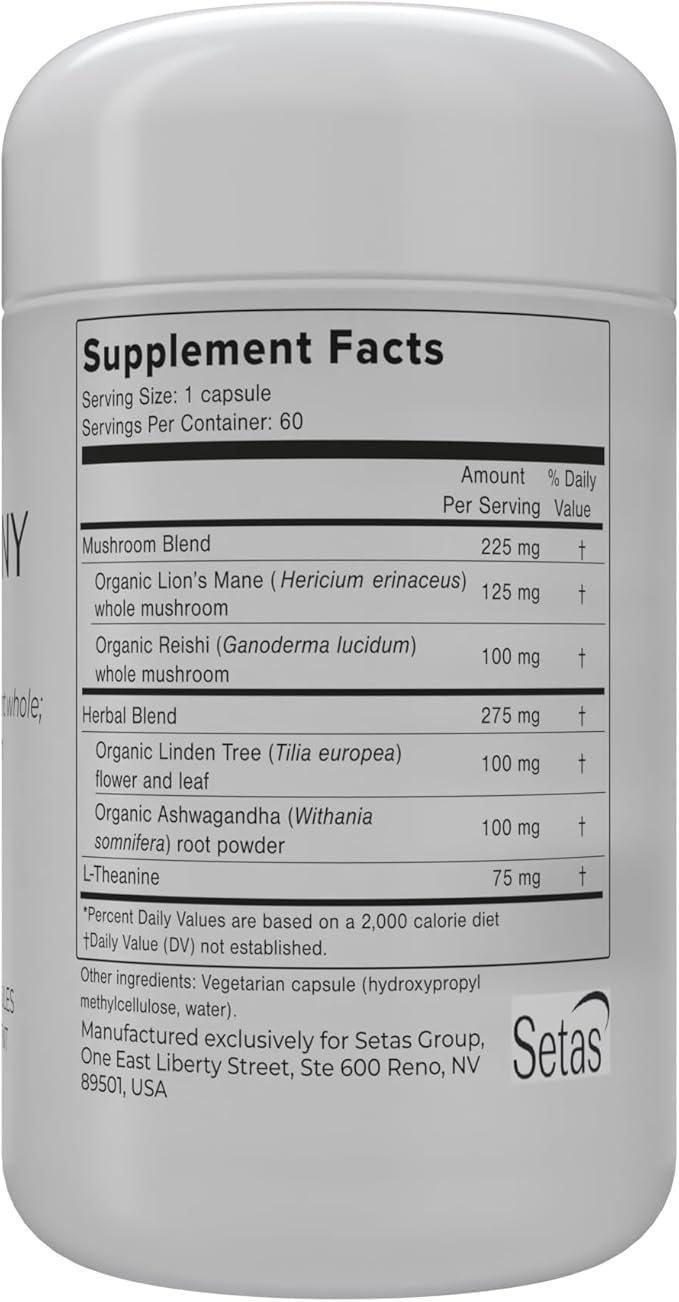 Setas Harmony Ceremony Quality Botanical Supplement Organic Reishi & Lion’s Mane, Ashwagandha, Linden Tree & L-theanine to Support Mood, Stress Management, & Calm, Vegan & Non-GMO, 60-Day Supply