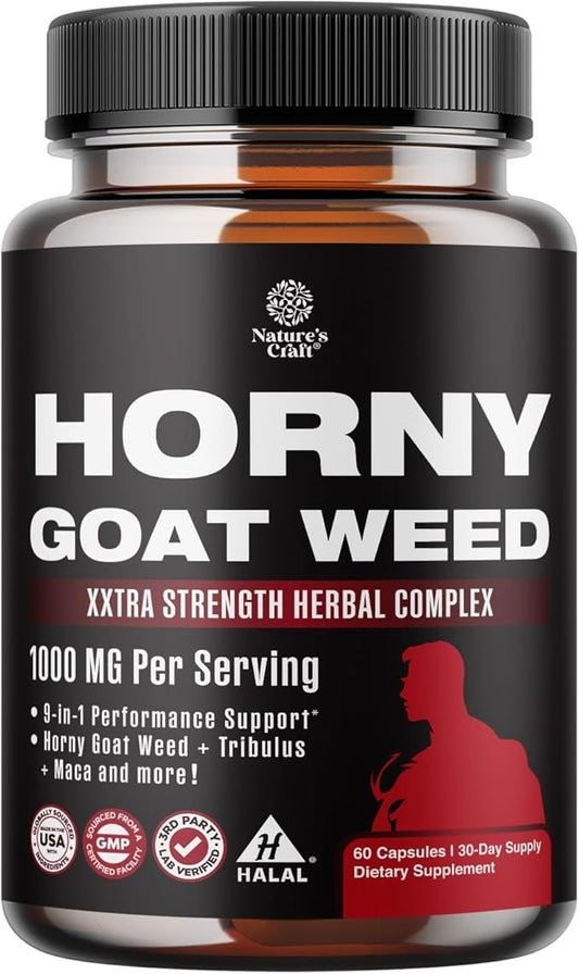 Horny Goat Weed for Men - Extra Strength Male Supplement with Black Maca Root, Tongkat Ali, Saw Palmetto & Panax Ginseng Extract for Stamina & Energy - 60 Capsules