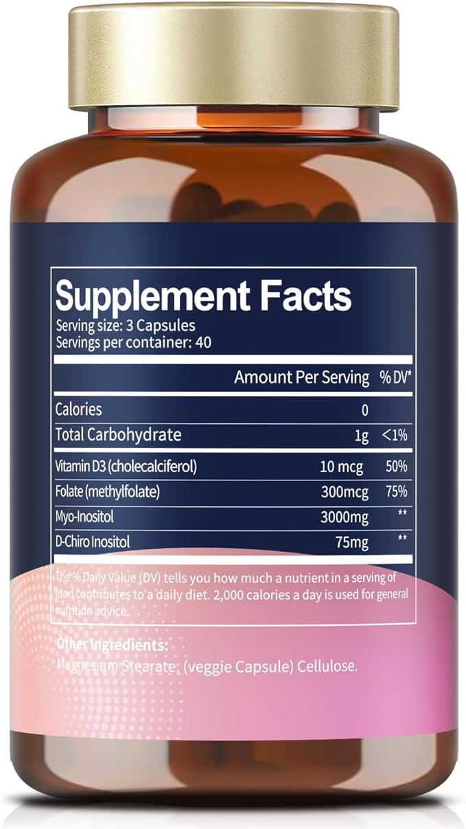 Inositol Supplement for Women with Vitamin D3, Folate, 40:1 Ratio Myo-Inositol & D-Chiro Inositol Complex, (Vitamin B8) Inositol Capsules, Pack of 2
