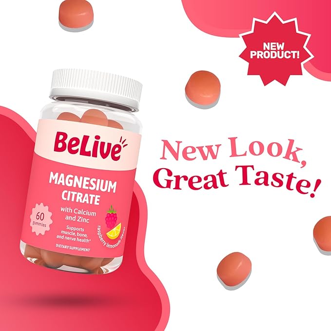 BeLive Magnesium Citrate Gummies with Calcium and Zinc for Adults and Kids - High Absorption Magnesium Supplement for Cognitive, Bone, Muscle and Nerve Health - Raspberry Lemonade - 60 Count