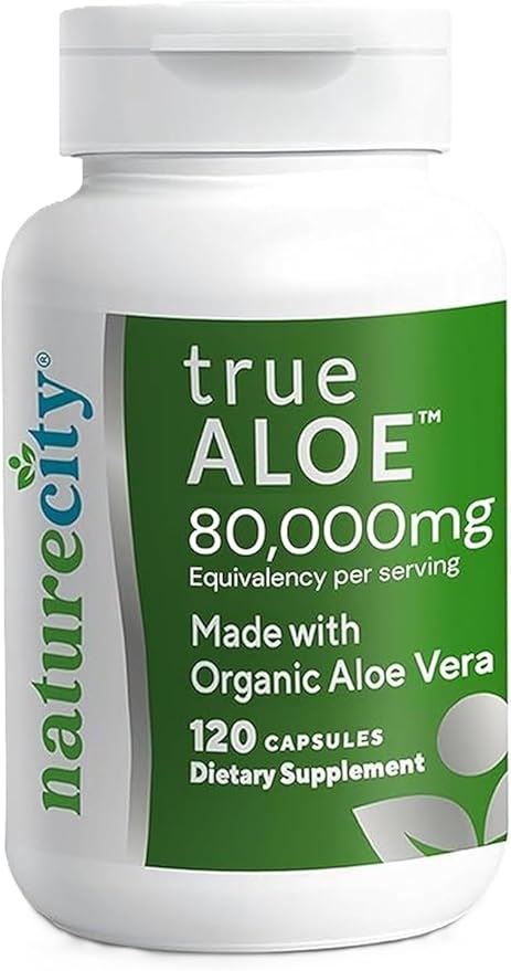 NatureCity True-Aloe Gut Health Support – 80,000mg Aloe Vera Gel Equivalent Per Serving – Organic Aloe Vera (120 Capsules) for Digestive, Skin & Joint Support | Small Easy-to-Swallow Pills