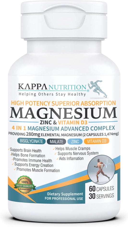 Kappa Nutrition Magnesium 4-in-1, 280mg Elemental Magnesium (Bisglycinate, Malate) + Zinc & Vitamin D3, Brain, Sleep, Energy, Muscle, Immune Support, 60 Vegan Capsules.