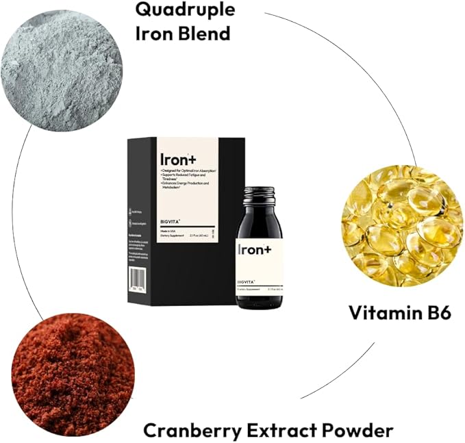 BIGVITA Iron+ | High Absorption Supplement with Microencapsulated Iron Drops + Folate, B6 & Cranberry Extract | No Metallic Taste, Mixed Berry Flavor, Gentle on Stomach | Energy & Hormonal Support