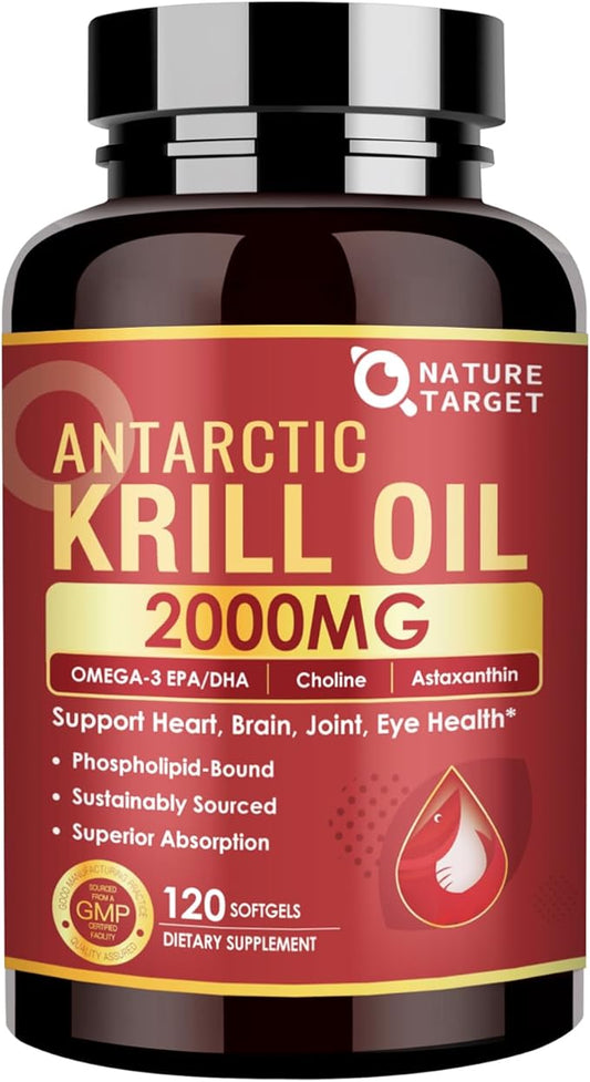 NATURE TARGET Krill Oil 2000 mg with Omega-3 EPA & DHA with Astaxanthin Supplement, Choline - Supports Heart, Brain, Join, Eye Health, Non-GMO, Gluten Free, 120 Softgels (60 Servings)