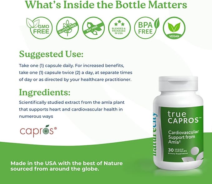 NatureCity True-Capros Amla Fruit Extract Supplement Polyphenol Antioxidant Power Supports Cardiovascular Heart Health (60 Veggie Capsules) Non-GMO Vegan Friendly and Soy Free