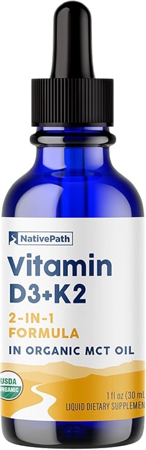 NativePath D3K2 Tincture - 1000IU Vitamin D3 and Vitamin K2 Supplement with Organic MCT Oil - 1 Fluid Ounce - Rapid Bioavailability Multi-Vitamin for Bone Strength and Total Body Wellness, 30 Servings