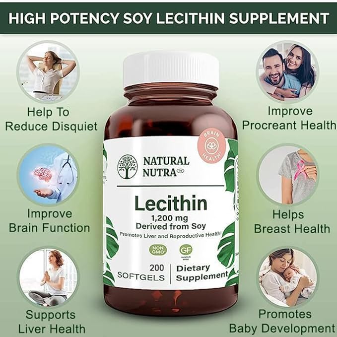 Natural Nutra Soy Lecithin 1200 mg Dietary Supplement - Brain Function, Liver Health, Improve Procreant Health, Boosting Supplement - Gluten-Free, BPA-Free, 200 Softgels in Recyclable Glass Bottles