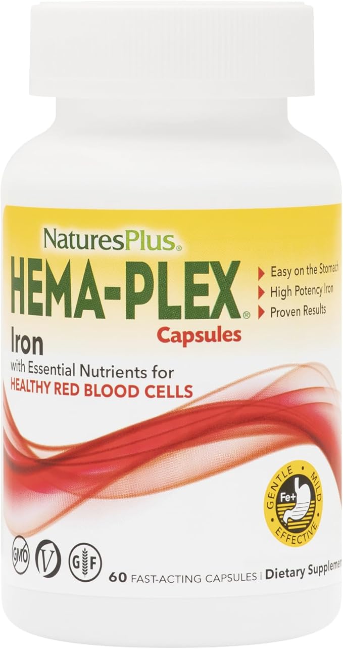 NaturesPlus Hema-Plex Iron - 60 Fast-Acting Capsules - 85 mg Chelated Iron + Vitamin C & Bioflavonoids for Healthy Red Blood Cells - Vegan, Gluten Free - 30 Servings