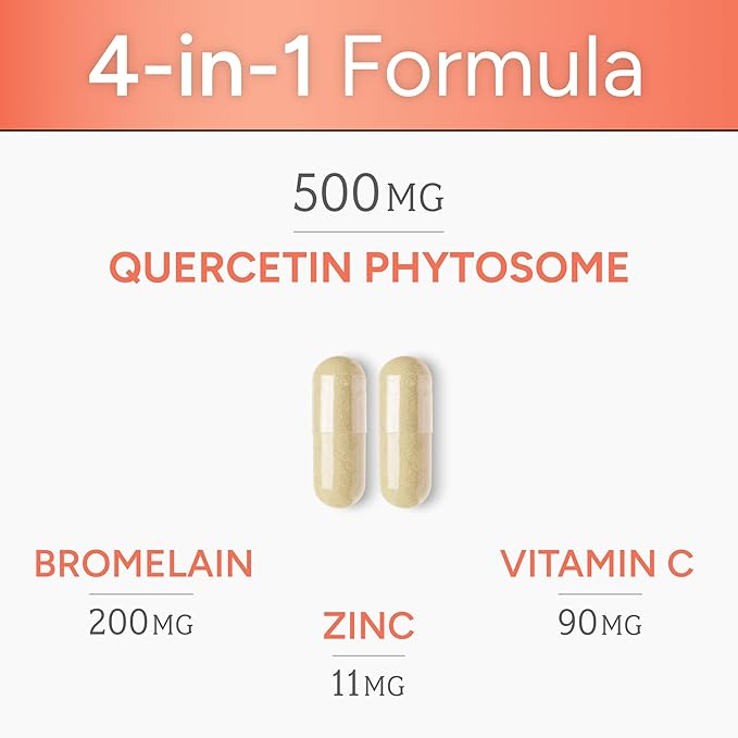 High Absorption Quercetin with Bromelain, Vitamin C and Zinc - 500mg Quercetin Phytosome - 50x More Absorption - Supports Immune Function & Cellular Health - USA Manufactured Supplement - 60 Capsules