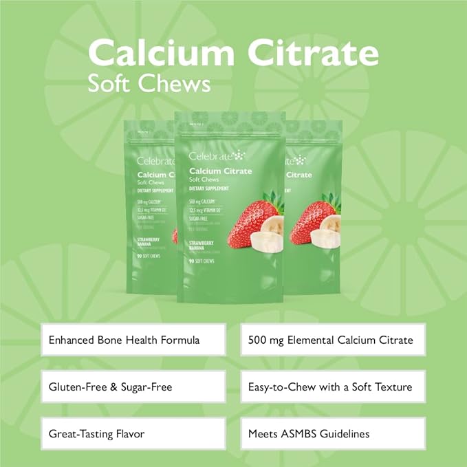 Celebrate Vitamins Bariatric 500mg Calcium Citrate Soft Chews with 500 IU Vitamin D3 – Essential for Gastric Bypass Patients & Bone Health - Sugar & Gluten Free, Strawberry Banana (270 Chews)