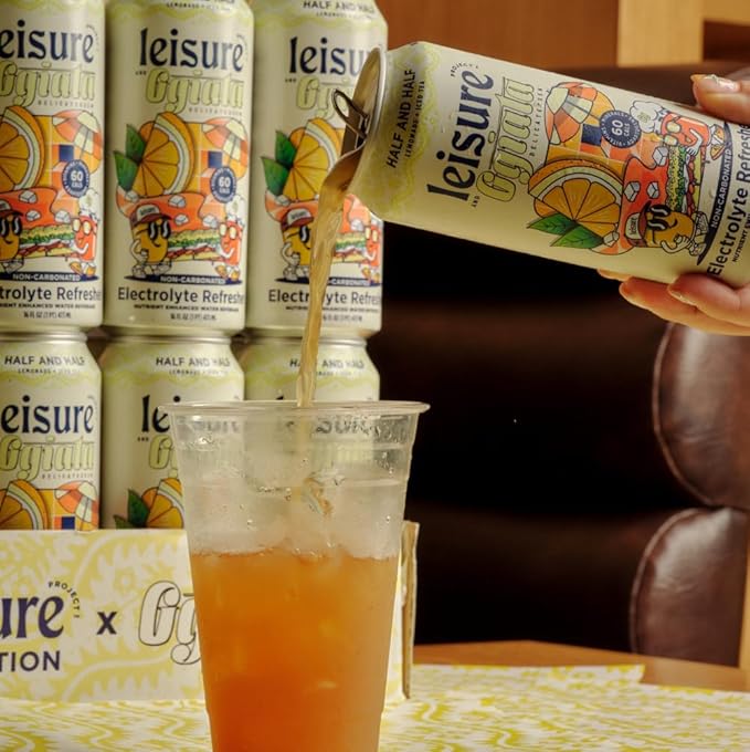 Leisure Hydration - Half and Half with Ggiata Delicatessen [Electrolyte Refresher - 16oz Cans, 12pk] - Half Lemonade Half Black Tea Hydration Drink, Packed w/ Magnesium & Ashwagandha For Mood & Stress Support
