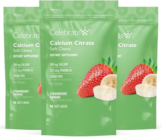 Celebrate Vitamins Bariatric 500mg Calcium Citrate Soft Chews with 500 IU Vitamin D3 – Essential for Gastric Bypass Patients & Bone Health - Sugar & Gluten Free, Strawberry Banana (270 Chews)