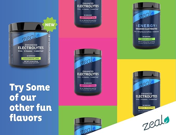 Zeal Electrolyte Powder Recovery Drink (30 Servings | Cucumber Lime) w 0 Sugar +BCAAs +B-Vitamins Electrolyte Supplement w Potassium Zinc & Magnesium for Hydration - Keto Electrolytes