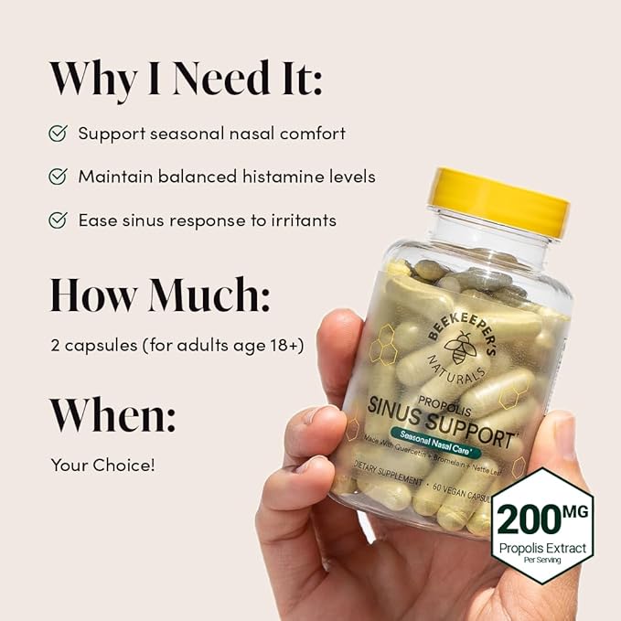 Beekeeper's Naturals All Natural Sinus Support for Adults, Seasonal Nasal Care Relief with Propolis, Quercetin, Bromelain, Nettle Leaf, & Vegan Capsule, Blocks or Suppresses Histamine, 60 ct